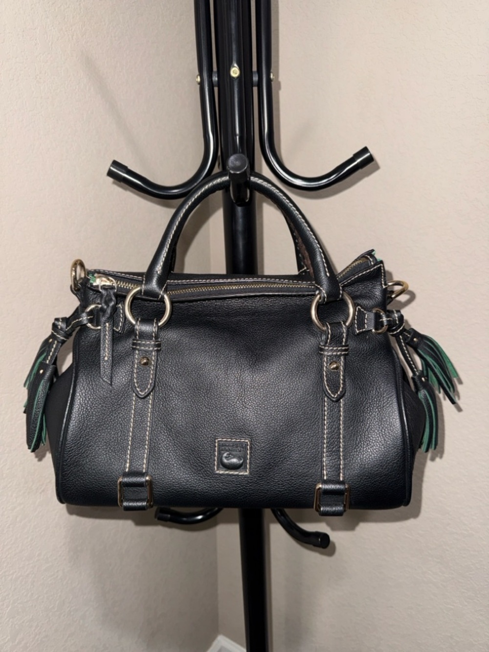 Dooney & Bourke EUC Black Pebbled Leather Satchel with Green Tassels